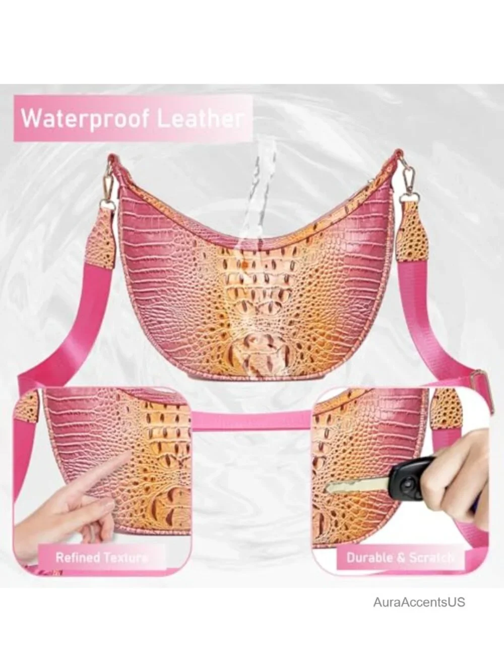 Crocodile Embossed Crescent Crossbody Hobo Bag Vegan Leather